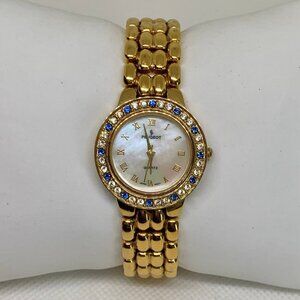 Peugeot women gold tone watch rhinestones 25mm round mop dial size 6.5” running